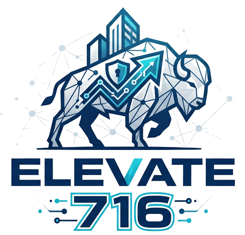 Elevate 716 logo: a geometric buffalo carrying a rising city skyline
